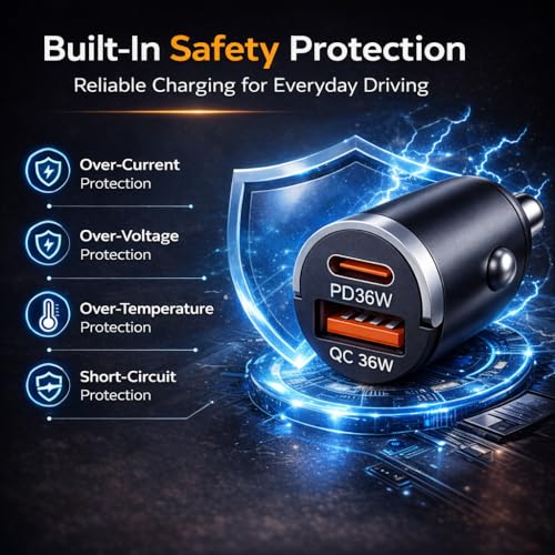 USB C Car Charger Fast Charging, 36W Dual Port Car Charger Adapter, PD 36W USB C & QC USB A, Mini Aluminum Car Charger for iPhone 17/16/15, Samsung, Huawei, iPad, AirPods