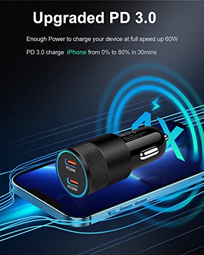 60W USB C Car Charger, 2Pack USB C Cigarette Lighter Adapter Fast Charging