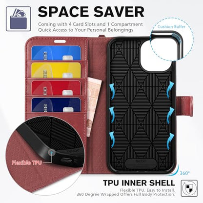 TUCCH Wallet Case with Wrist Strap for iPhone 15 (6.1") 2023, Dark Red | 4 Card Holders, RFID Blocking, Viewing Stand, Shockproof TPU Shell, PU Leather, Magnetic Closure, Folio Flip Cover - color: Dark Red with Strap