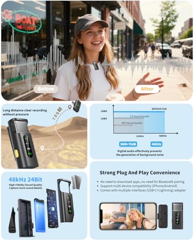 Wireless Lavalier Microphone for iPhone Android, Plug-Play Lapel