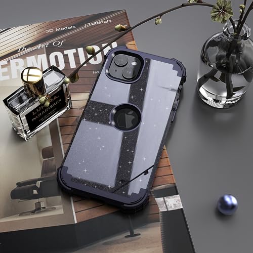 IDweel for iPhone 15 Case with Screen Protector,Luxury 3 in 1 Shockproof Slim Fit Hybrid Heavy Duty Protection Glitter Hard PC Cover Soft Silicone Sturdy Bumper Full Body Case,Glitter Navy Blue - color: Glitter Navy Blue