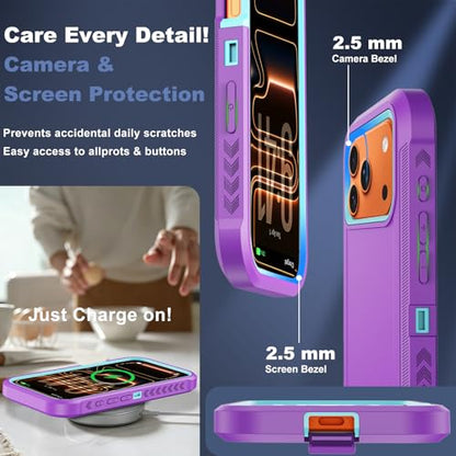 for iPhone 17 Pro Max Case with Belt Clip Holster,[Compatible with MagSafe]w/Screen Protector,Anti-Drop Shockproof Heavy Duty Protective Rugged Magnetic Phone Cover,with 360°Rotating Kickstand (Purple - color: Purple