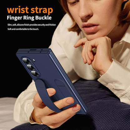 for Samsung Galaxy Z Fold 6 Protect Case with Wristband Stand,Bulit-in Screen & Lens Protection Shockproof Full Body Drop Fall Protection.(Blue) - color: Blue