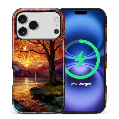 Magnetic Phone Case for iPhone 17 Pro,Compatible with MagSafe,Durable 2 Layers Full Covered Shockproof Protective Cover-Stained Glass Sunrise Fall Leaves - color: Stained Glass Sunrise Fall Leaves, size: iPhone 17 Pro