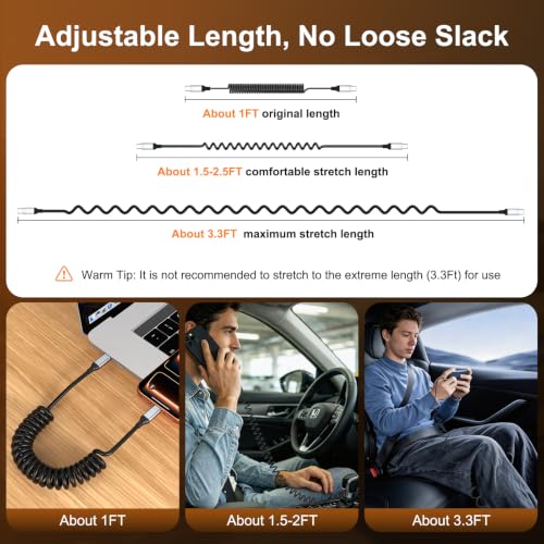 2 Pack Coiled USB C to USB C Cable, 3FT 60W USBC Fast Charging Car Charger - size: 4FT