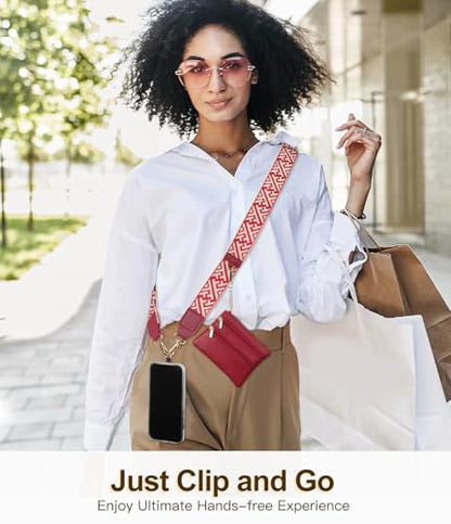 TiMOVO Clip and Go Phone Strap Crossbody with Leather Wallet, Adjustable Anti-Theft Lanyard with Pouch for Most Phone Case - color: F Stripe Red