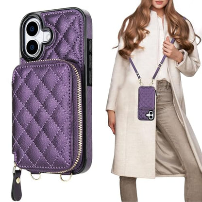 Bocasal Crossbody Wallet Case Card Holder for iPhone 17, Dark Purple | RFID Blocking PU Leather Zipper Handbag Purse, Kickstand Flip Folio Case with Card Slots Holder Wrist Strap Lanyard 6.3 Inch - color: Dark Purple