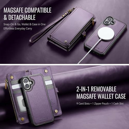 Defencase for iPhone 17 Phone Case Wallet Compatible with Magsafe, Purple | Magnetic Detachable, Drop-Proof Protective Wallet Cases Cover, with RFID Bolcking Card Holder, Zipper Strap, Soft PU Leather - color: (Detachable with Magsafe)-Purple