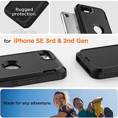 AICase for iPhone SE Case 3rd & 2nd Generation, for iPhone SE 2022/2020 Built-in Screen Protector Heavy Duty Protective Shockproof 3-Layer Full Body Rugged Phone Cover, Black - color: Black