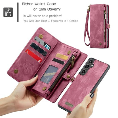 Compatible with Samsung Galaxy S23 FE Wallet Case,Zipper Folio Leather Case Wallet with Card Holder Strap Wristlet Detachable Magnetic Protective Back Case for Galaxy S23 FE 6.4 Inch(Red) - color: Red, size: S23 FE 5G 6.4 Inch