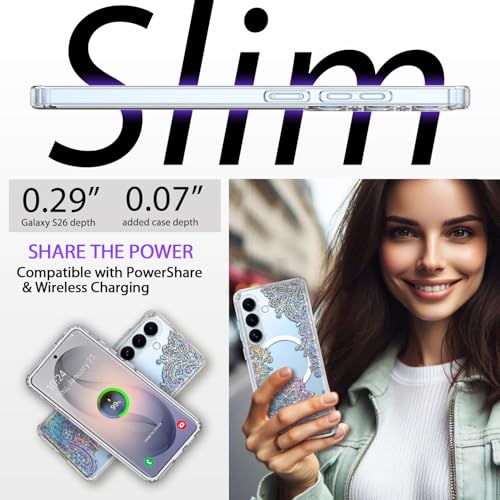 Magnetic for Samsung Galaxy S26 Case, Compatible with MagSafe, Cute for Women Girls, 10FT Military Grade Protective Cover for Samsung Galaxy S26 Case Glitter, Clear Bling Lace Mandala - size: 6.3 inch (for Galaxy S26)