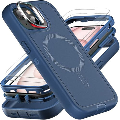 YKHJKLEC for iPhone 15 Case, Military Grade 3 in 1 Heavy Duty Shockproof/Drop Proof/Dust Proof with Kickstand Case, with 2 x Tempered Glass Screen Protector (ZJ-Navy Blue) - color: ZJ-Navy Blue