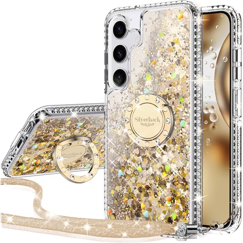 Silverback for Samsung Galaxy S25 Case with Ring Stand, Clear Gold | Moving Liquid Holographic Sparkle Glitter, Kickstand, Bling Diamond Ring, Cute Protective Cover for Women Girls - color: Gold, size: Galaxy S25