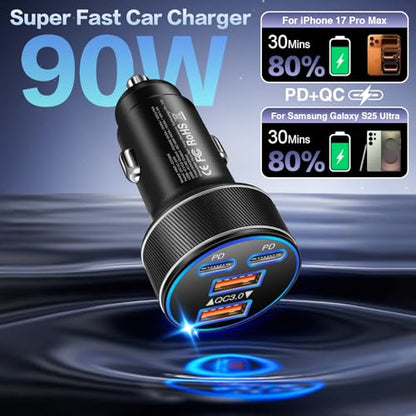 USB C Car Charger, Dual Ports 90W Fast Charging Cigarette Lighter Adapter - color: Black, size: 1-Pack