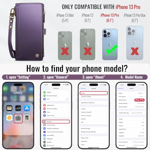 Defencase for iPhone 13 Pro Wallet Case with RFID Card Holder, Purple | Durable Soft PU Leather, with Zipper Pocket, Wrist Strap, Fashion Snap Flip Phone Cases Cover with Stand for Women and Men - color: Purple