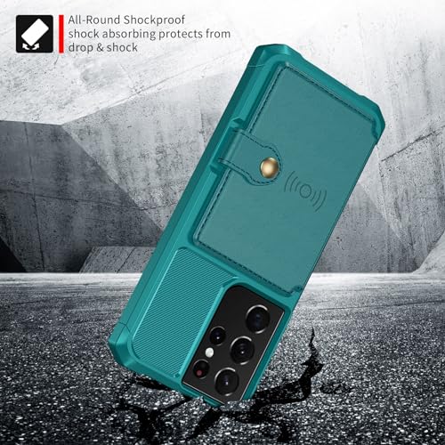 Wallet Case for Samsung Galaxy S21 Ultra, Compatible with Magnetic Car Mount, Heavy Duty Shockproof Rugged Soft TPU Back Leather Flip Credit Card Holder Cover 6.8 inch, Green - color: Green, size: Samsung Galaxy S21 Ultra