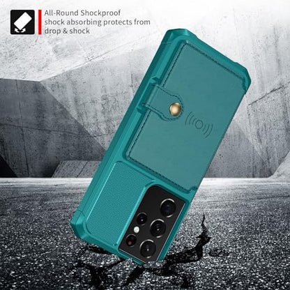 Wallet Case for Samsung Galaxy S21 Ultra, Compatible with Magnetic Car Mount, Heavy Duty Shockproof Rugged Soft TPU Back Leather Flip Credit Card Holder Cover 6.8 inch, Green - color: Green, size: Samsung Galaxy S21 Ultra