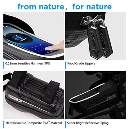 whale fall Bike Frame Bag, Molded Hard Shell, Reflective Bike Phone Holder | Waterproof Top Tube Bag with TPU Touchscreen, Fits Phones up to 7", Includes Rain Cover for Commuting and Night Riding - color: Black - Reflective Strip