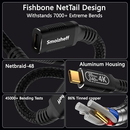Long Distance USB C Extension Cable 3 Meter, 240W PD & 20Gbps Data Transfer, 4K@60Hz Nylon Braided Extender for Laptop, Monitor, Home Theater,Gaming Setup - size: 10ft/3m