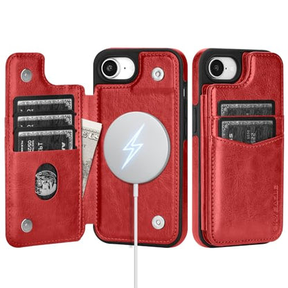 SkyEagle Compatible with MagSafe iPhone 17e / 16e Case Wallet,Red | Magnetic Clasp,RFID Blocking,PU Leather,Flip Folio Shockproof Phone Cover,with Credit Card Slots & Kickstand for Men & Women - color: Red