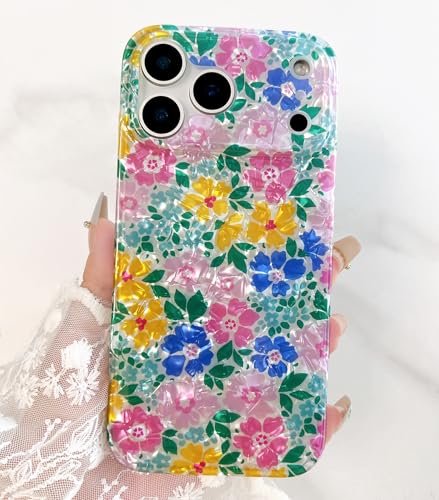 Qokey for iPhone 17 Pro Max Case 6.9" - Glitter Pearly Pastel Flowers Seashell for Women, Soft Bumper Lightweight Slim Fit TPU Non-Yellowing Shockproof Phone Cover, Powder Blue Floral - color: Pastel