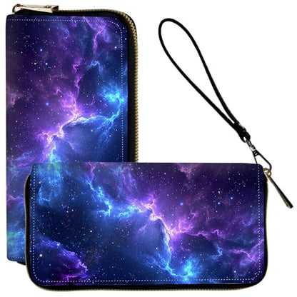 Ladies Wallet,Clutch Purses for Women Wallets Leather Credit Card Holder for Women Wristlet Slim Small Cute with Zipper,Thin RFID Blocking with Wrist Strap,Blue Purple Galaxy - color: Blue Purple Galaxy