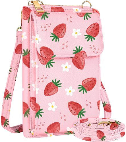 Miss Adola Phone Purse for Women Leather Crossbody Bag | Large Phone Pocket, Magnetic Snap, Zipper Pocket, 4 Card Slots, Adjustable Shoulder Strap, Leather Small Purse for Daily Use - color: Strawberry