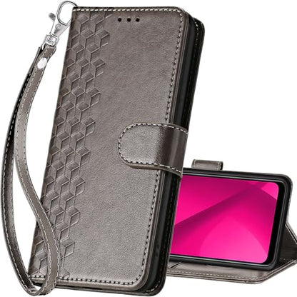 for T-Mobile Revvl 7 5G Wallet case, Gray-Cube | 3 Card Holders, Kickstand, Shockproof TPU Shell, PU Leather, Magnetic Closure, Protective Flip Folio Cover, Women - color: 10