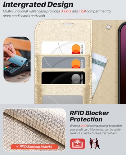 OCASE for iPhone 16 Pro Case Detachable Wallet Case with Card Holder, 2 in 1 Pu Leather Flip Folio with RFID Blocking Stand Wrist Strap Shockproof Phone Cover 6.3 Inch 2024, Gold | Magnetic 2 in 1 Wallet, RFID Blocking Flip Case, PU Leather Case, Kickstan