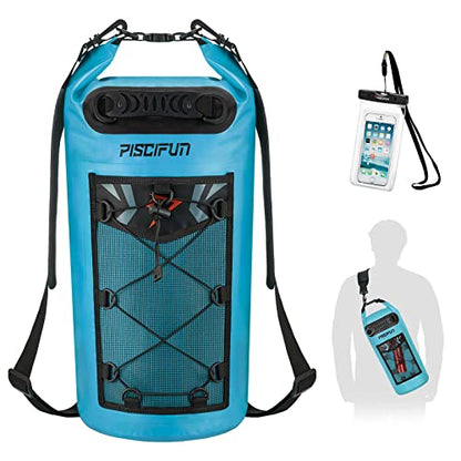 Piscifun Dry Bag, Waterproof Floating Backpack 10L/20L/30L/40L | Waterproof Phone Case, Adjustable shoulder straps, Roll-top closure keeps gear dry, Ideal for Boating, Kayaking, Fishing - color: Light Blue, style: 10l