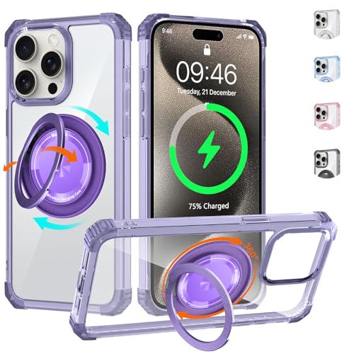 Clear Case for iPhone 15 Pro with Magnetic 360 Rotatable Ring Stand | Military Grade Heavy Duty Cover with 360 Rotatable Ring Kickstand -260417 - color: Clear Purple, size: iPhone 15 Pro