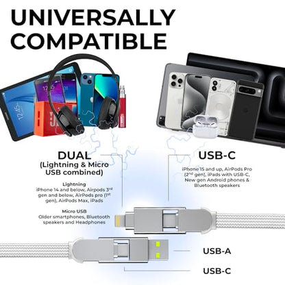Rolling Square inCharge XL 30cm - USB C Charger Cable, Lightning for Smartphone, Universal 6 in 1, USB Plug, Glacier White, 100W - color: Glacier White
