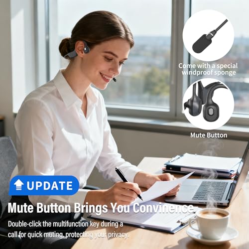 SANOTO Bone Conduction Headphones with Mic, Bluetooth Headset with Microphone Noise Canceling & Mute, Wireless Headset with Sponge Microphone Windscreen, Open Ear Headphones for Work Driving Call