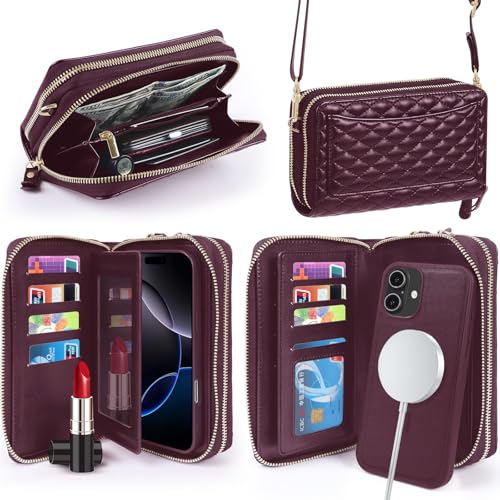 Harryshell Compatible with iPhone 16 Case Wallet Multi Zipper Detachable Removable Cover with RFID Blocking Card Slots Holder Mirror Crossbody Strap (Compatible with Magsafe - Quilted Burgundy) - color: Compatible with Magsafe - Quilted Burgundy, size: iP