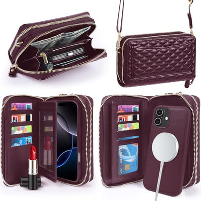 Harryshell Compatible with iPhone 16 Plus Case Wallet Multi Zipper Detachable Removable Cover with RFID Blocking Card Slot Holder Mirror Crossbody Strap (Compatible with Magsafe - Quilted Burgundy) - color: Compatible with Magsafe - Quilted Burgundy, size