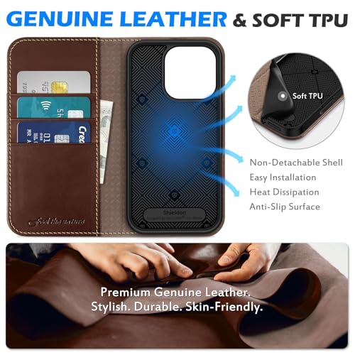 SHIELDON Real Leather Case Wallet for iPhone 16 Pro 6.3" 2024, Retro Coffee | Magnetic Closure, RFID Blocking, Credit Card Slot, Kickstand, Flip Book Design, Soft Shockproof Phone Cover - color: Retro Coffee
