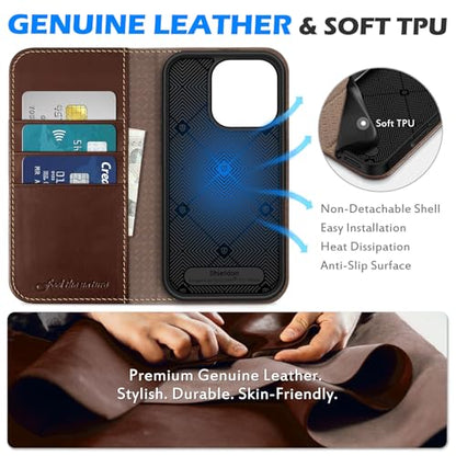 SHIELDON Real Leather Case Wallet for iPhone 16 Pro 6.3" 2024, Retro Coffee | Magnetic Closure, RFID Blocking, Credit Card Slot, Kickstand, Flip Book Design, Soft Shockproof Phone Cover - color: Retro Coffee