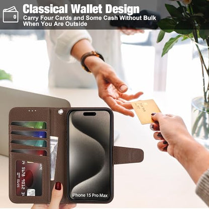 Arae Compatible with iPhone 15 Pro Max Case with Card Holder and Wrist Strap Wallet Flip Cover for iPhone 15 Pro Max 6.7 inch Men RFID Blocking, Wristlet, Kickstand,Litchi Brown - color: Litchi Brown, size: iPhone 15 Pro Max 6.7 inch