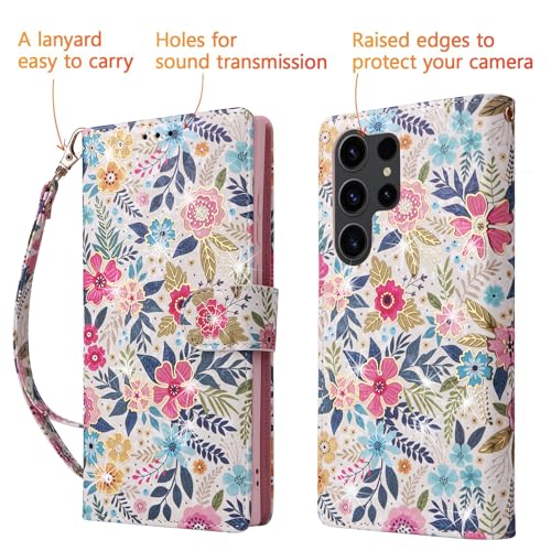 UEEBAI Wallet Case for Samsung Galaxy S23 Ultra 5G, PU Leather Phone Case Kickstand RFID Blocking Flip Case with Card Slots Wrist Strap Relief Engraved Magnetic Closure Folio Case - Multi-Flower - color: Multi-Flower, size: Samsung Galaxy S23 Ultra 5G