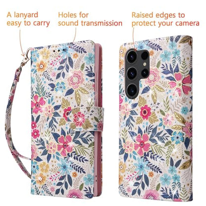 UEEBAI Wallet Case for Samsung Galaxy S23 Ultra 5G, PU Leather Phone Case Kickstand RFID Blocking Flip Case with Card Slots Wrist Strap Relief Engraved Magnetic Closure Folio Case - Multi-Flower - color: Multi-Flower, size: Samsung Galaxy S23 Ultra 5G