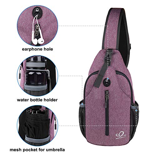 WATERFLY Crossbody Sling Backpack Sling Bag Travel Hiking Chest Bag Daypack (Purple) | Small Hiking bag,Multi-compartment storage,Water-resistant,Breathable back pad,Reversible adjustable shoulder strap - color: B-purple