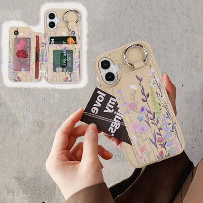 Ｈａｖａｙａ for iPhone 16 Case Wallet with Card Holder Keychain Ring Stand PU Leather Phone case Floral Flower with Credit Card Slots Women Men-Beige Flower 2 - color: Beige[floral flower2]