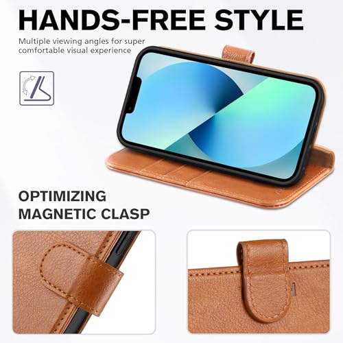 TUCCH Wallet Case for iPhone 13 (6.1") 2021, 3 Card Slots, Light Brown | RFID Blocking, Viewing Stand, Shockproof TPU Shell, PU Leather, Magnetic Closure, Protective Folio Flip Cover - color: Brown - Textured
