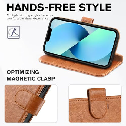TUCCH Wallet Case for iPhone 13 (6.1") 2021, 3 Card Slots, Light Brown | RFID Blocking, Viewing Stand, Shockproof TPU Shell, PU Leather, Magnetic Closure, Protective Folio Flip Cover - color: Brown - Textured