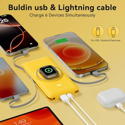 Magnetic 10000mAh Portable Charger for iWatch & iPhone, USB C Fast Charging Wireless Power Bank Built-in Cables and Wall Plug, External Travel Battery Pack Compatible with iOS Android Devices - color: Yellow