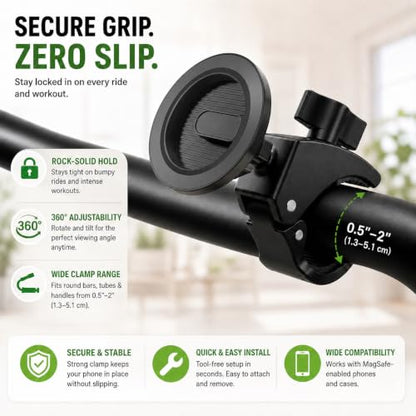 Heavy Duty Magnetic Phone Mount for Gym & Spin Bikes, N52 Clamp for Peloton/Treadmill/Stroller/Golf Cart, 360° Rotatable, Compatible with MagSafe iPhone 12-17 - color: black