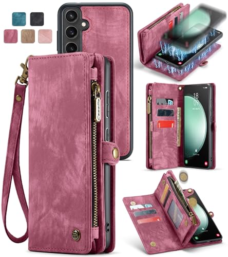 Compatible with Samsung Galaxy S23 FE Wallet Case,Zipper Folio Leather Case Wallet with Card Holder Strap Wristlet Detachable Magnetic Protective Back Case for Galaxy S23 FE 6.4 Inch(Red) - color: Red, size: S23 FE 5G 6.4 Inch