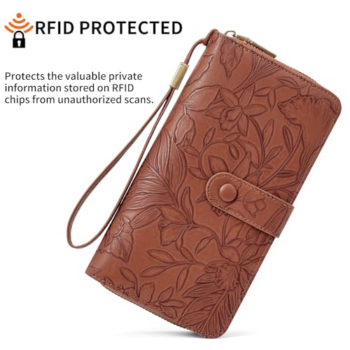 SENDEFN Women's Credit Card Holder RFID Blocking Zip Around Leather Wallet Large Capacity Long Purse with Wristlet - color: Brown