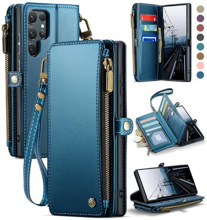 Defencase for Samsung Galaxy S25 Ultra Wallet Case with Card Holder, D-Blue | with RFID Blocking Zipper Pocket, Durable PU Leather, Wrist Strap, S25 Ultra Flip Phone Cases Cover with Stand for Women Men - color: Dark Blue
