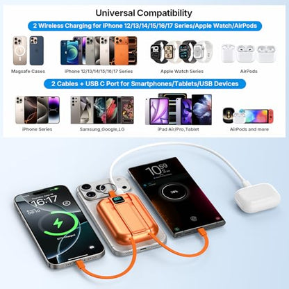 for MagSafe Portable Charger, 10000mAh Power Bank with Built-in 2 Cables - color: Orange